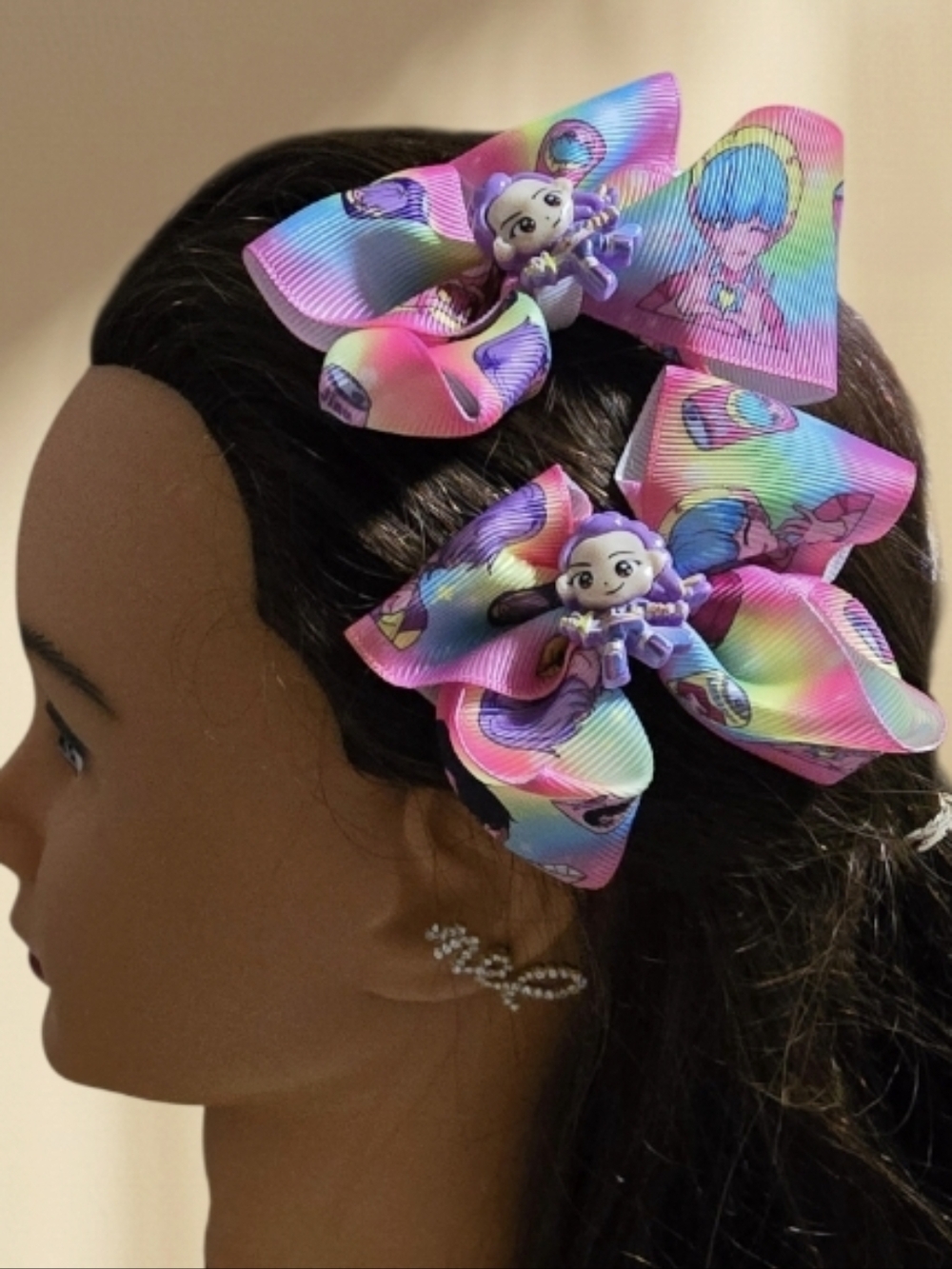 K-pop  Rainbow Character Bow Hair Clips for Kids - Pink Blue Multicolor